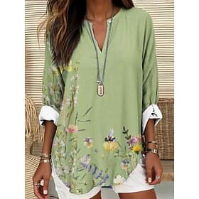Kvinnebluse Lignende Lin Pustende Lettvekts Tunika V-hals Langermet Boho Løse Topper Sommer Topper Blomster Grafisk Vintage Tropisk Vanlige Topper Daglig Slita