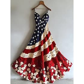 Independence Day Patriotic Women's Maxi Dress Sundress A Line Dress Slip Dress Vacation Casual Going out Beach Regular Fit Graphic National Flag Sleeveless V N