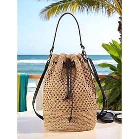 Gewebte Beuteltasche mit Kordelzug für Damen – stylische Sommertasche mit Lederriemen, perfekt für den Strand, Reisen und Freizeitausflüge