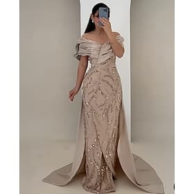 Linea ad A Lunghezza al pavimento Abito da Sera Abito da ballo con sopragonna Abito formale Elegante Spacco Alto Manica Corta Senza Spalle Matrimonio Formale R