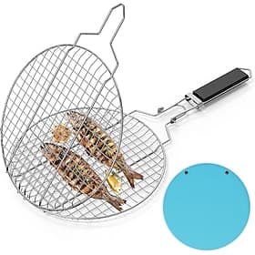 runder tragbarer BBQ-Grillkorb, Edelstahl-Fischgrillrost mit abnehmbarem, sicherem Verriegelungsgriff, Grillzubehör für Grillgemüse und Fischgarnelen im Freien