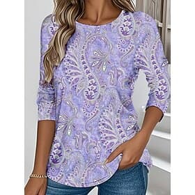 Women's T shirt Long Sleeve Crew Neck Long Sleeve Tunic Floral Graphic Paisley Vintage Stylish Classic Regular Tops Daily Weekend Print Pink Blue Purple Prefa