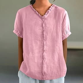 Femmes Chemisier Faux coton lin Plissé Couleur Unie Élégant Occasionnel Manche Courte Col en V Hauts Réguliers Quotidien Fête Noir Blanche Rose Claire Violet V