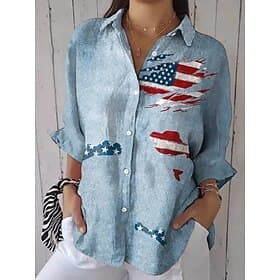 American Independence Day Women's Shirt Linen Like Breathable Lightweight Button Down Tunic Shirt Collar Long Sleeve Graphic Flag Vintage Daily Stylish Work Da