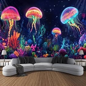 Tapestry de luz negra que brilla en la oscuridad Fiesta de luces UV reactiva Medusas oceánicas paisaje de naturaleza nebulosa colgante arte mural para sala de