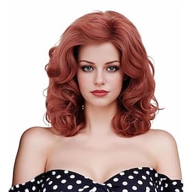 16 Zoll Vintage kupferrote Perücken für Frauen, lang, rotbraun, gewellt, synthetische, natürliche kastanienbraune Perücke für 70er-80er-Jahre, Cosplay, Hallowe