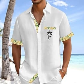 Men's Shirt Linen Shirt Summer Shirt Beach Shirt Button Up Shirt Coconut Tree Holiday Daily Wear White Pink Sky Blue Green Short Sleeve Turndown Summer Clothin