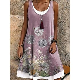 Femmes Mini Robe Robe d'Été Robe T-Shirt Robe trapèze Vacances Occasionnel Boho Coupe Ample Fleuri Graphique Sans manches Col en U Col Rond Violet Claire Été P
