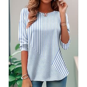 Women's T shirt Long Sleeve Crew Neck Long Sleeve Tunic Graphic Geometric Striped Elegant Vintage Regular Tops Daily Going out Weekend Print Pink Blue Purple O
