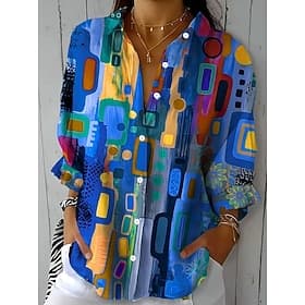 Camisa de mujer similar al lino transpirable ligera camisa de túnica abotonada cuello de camisa de manga larga gráfica geométrica diaria elegante casual tops r