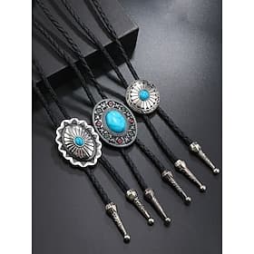 Collier bolo tie turquoise pour homme – Collier en cuir style western cowboy vintage avec pendentif en métal pour mariages rodéo et événements de musique count