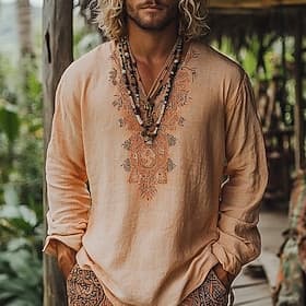 Men's Shirt Linen Shirt Popover Shirt Summer Shirt Beach Wear Geometric Vacation Street Pink Blue Orange Long Sleeve V Neck Summer Spring Clothing Apparel