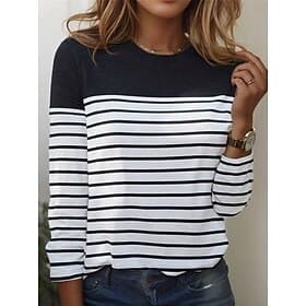 Women's T shirt Long Sleeve Crew Neck Long Sleeve Tunic Striped Basic Round Neck Regular Tops Daily Weekend Print Black White Red Blue Gray Fall Winter Prefal