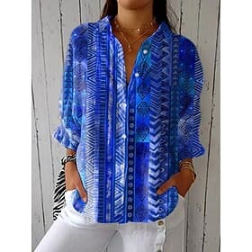 Women's Shirt Linen Like Breathable Lightweight Button Down Tunic Shirt Collar Long Sleeve Graphic Geometric Paisley Vintage Tropical Daily V Neck Work Daily P