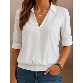 Women's Popover Shirt Casual Shirt Blouse Solid Color Elegant Fashion Basic Long Sleeve Turndown V Neck Regular Tops Daily Holiday Blue White Pink Gray Summer
