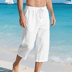 Herren Caprihose Leinenshorts Sommershorts Strandshorts Kordelzug Tasche Elastischer Bund Einfach Komfort Atmungsaktiv Wadenlang Strand Urlaub Ferien Hawaiiani