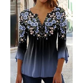 Women's T-Shirt V Neck Ombre Floral Graphic Elegant 3/4 Length Sleeve Regular Tops Daily Going out Buttons Pink Blue Green Spring Fall