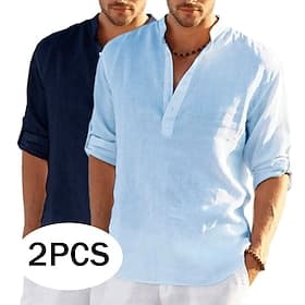 Voor heren Overhemd Linnen overhemd Popover-shirt Zomer overhemd Strand Kleding Overhemd met bandkraag Effen Kleur Vakantie Casual Wit kaki Blauw Donkergrijs