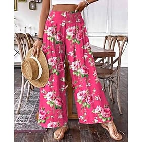 Femmes Pantalons Pantalon palazzo Mode Boho Longueur complète Taille haute Fleuri Taille Élastique Confortable Micro-Élastique Rue Tenue quotidienne Sortir Ros