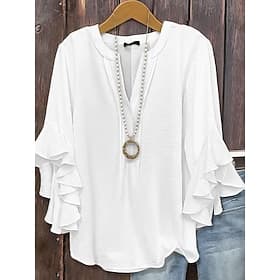 Women's Summer Shirt Casual Shirt Blouse Ruffle Solid Color Vacation Stylish Casual 3/4 Length Sleeve V Neck Regular Tops Daily Outdoor Holiday Black White Pin