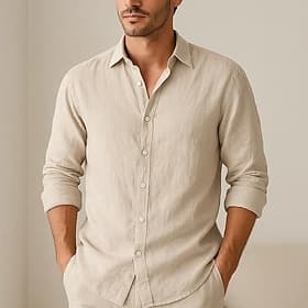 Herren Hemd Leinenhemd Sommerhemd Strandbekleidung Knopfhemd Einfach Täglich Streetwear Weiß Khaki Langarm Kragen Frühling Sommer Sommer Bekleidung Rein