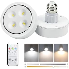 Battery Operated Light Bulbs Sets of 2 LED Puck Lights with Remote Control AA Battery Bulb Dimmable E26 Screw in Type for Non Electric Pendant Light and Wall S