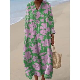 Abito Midi Donna V Neck Maniche Lunghe Kaftan Leggero Fit Largo Abito A-Line Casual Boho Festa Uscita Grafico Floreale Maniche Lunghe V Neck Grigio Verde Rosa
