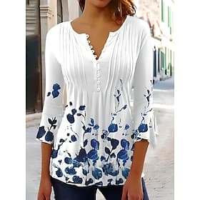 Women's T-Shirt V Neck Ombre Floral Graphic Elegant Stylish Basic 3/4 Length Sleeve Regular Tops Daily Going out Buttons Light Green Pink Blue Purple Light Bl