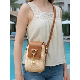 Borsa a tracolla in paglia da donna con ciondolo a forma di orecchie di gatto – graziosa mini borsa intrecciata, stile casual estivo, piccola borsa a tracolla