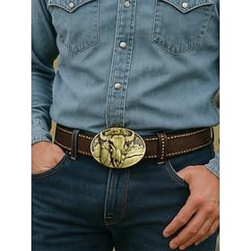 Men's western style faux leather belt with a bull skull bronze buckle, Perfect for casual and cowboy outfits