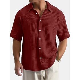 Men's Shirt Summer Shirt Beach Wear Button Up Shirt Solid Color Casual Vacation Blue Black White Wine Short Sleeve Shirt Collar Summer Spring Clothing Apparel