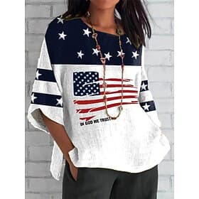 Independence Day Patriotic Women's Blouse Linen Like Graphic Flag Bohemia Vintage Tropical 3/4 Length Sleeve Crew Neck Regular Tops Daily Holiday Vacation Wear