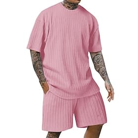 Men's T-shirt Suits 2 Pieces Outfits Tee Shorts Short Sleeve Crew Neck Summer Plain Fashion Casual 2 Piece Jacquard Vacation Daily Wear Going out Black White