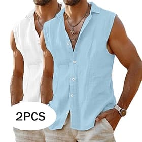 Per uomo Camicia Camicia di lino Camicia Estiva Abbigliamento da spiaggia Camicia con Bottoni Maglietta senza maniche Semplice Vacanza Crociera Bianco rosa Pi