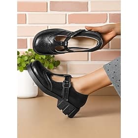 Scarpe Mary Jane nere con cinturino a T da donna ispirate agli anni '50 - tacchi brogue vintage in pelle con fibbia e suola spessa per l'uso quotidiano, cospla