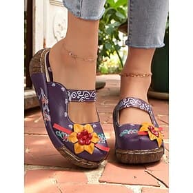 Damen-Slipper-Clogs aus lila geblümtem Leder mit 3D-Blumenapplikation – bequeme Vintage-Schuhe im Bohème-Stil für die Freizeit, Gartenarbeit und Reisen