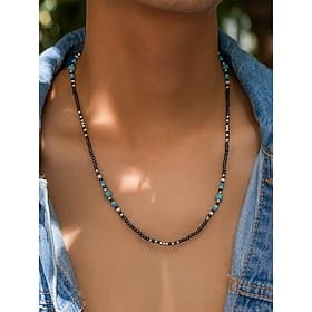 Men's Black and Turquoise Beaded Necklace – Handmade Boho Surfer Style Jewelry for Summer Beach Outfits, Festivals and Casual Wear