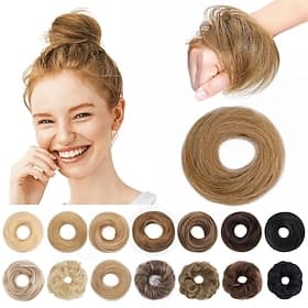 Messy Bun Hairpieces Real Scrunchies Natural Wavy Smoothed Updo Donut Chignon Ponytail Extensions for Women Girls-#12 Golden Brown