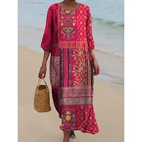 Damen Midikleid Freizeitkleid Druckkleid Vintage afrikanisch Täglich Strand Wochenende Normale Passform Blumen Farbblock Dreiviertelarm Rundhalsausschnitt Gelb