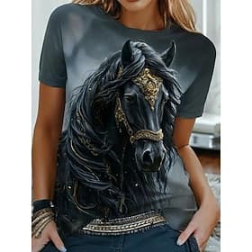Femmes T-shirt Imprimé Graphique Animal Cheval ancien Mode Élégant Manche Courte Col ras du cou Col rond Hauts Réguliers Quotidien Week-end Bleu Marron clair B