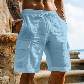 Men's Cargo Shorts Shorts Linen Shorts Summer Shorts Beach Shorts Drawstring Elastic Waist Multi Pocket Plain Knee Length Outdoor Daily Beach Vacation Hawaiian