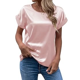 Women's Elegant Satin Top T Shirt Silky Tops Plain Fashion Modern Short Sleeve Crew Neck Regular Tops Daily Going out Weekend Blue Black White Pink Purple Summ