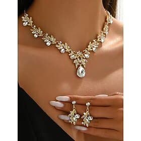 Women's Gold Rhinestone Jewelry Set with Teardrop Pendant - Elegant Leaf Design Necklace and Dangle Earrings for Brides, Wedding Guests, and Formal Evening Eve