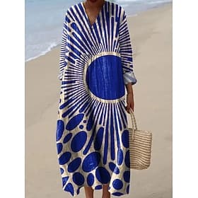 Damen Midi Kleid V-Ausschnitt Langarm Kaftan Leicht Lockerer Schnitt A-Linien Kleid Lässig Boho Ausgehen Grafisch Geometrisch Streifen Langarm V-Ausschnitt Asc