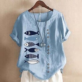 Chemises en lin 100 % coton pour femmes avec boutons motif animal élégant basique à manches courtes col ras du cou tops quotidiens de vacances à porter en bleu