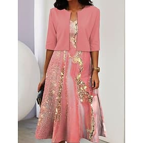 Damen Zwei-Teiler Kleid Sets Midi Kleid mit Jacke Elegantes A-Linien Kleid Halbarm Casual Semi Formal Ombre Grafikdruck V-Ausschnitt Date Schwarz Pink Rot Früh