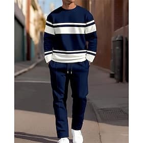 Men's 2-Piece Color Block Tracksuit - Casual Crew Neck Sweatshirt Jogger Set for Sports Streetwear Daily Wear