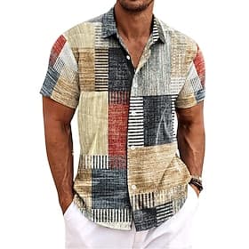 Men's Shirt Linen Shirt Vintage Shirt Retro Shirts Ethnic Shirt Plaid Checkered Daily Home Blue khaki Gray Short Sleeve Turndown Summer Clothing Apparel