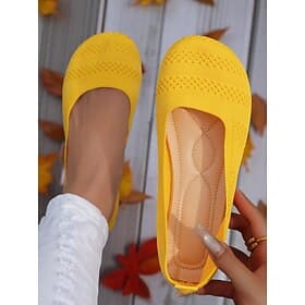Women's Wide Toe Yellow Flyknit Ballet Flats – Breathable Casual Shoes for Work, Travel and Spring Outings