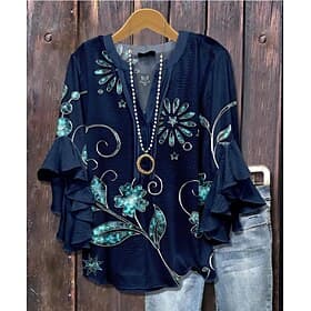 Women's Blouse V Neck Floral Graphic Elegant Bohemia Ethnic 3/4 Length Sleeve Regular Tops Daily Holiday Vacation Wear Ruffle Print Royal Blue Blue Light Purpl